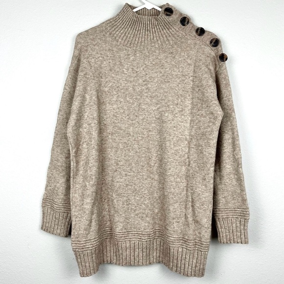 Anthropologie Margarita Button Mock Neck Sweater Tunic in Taupe Beige - Picture 2 of 6